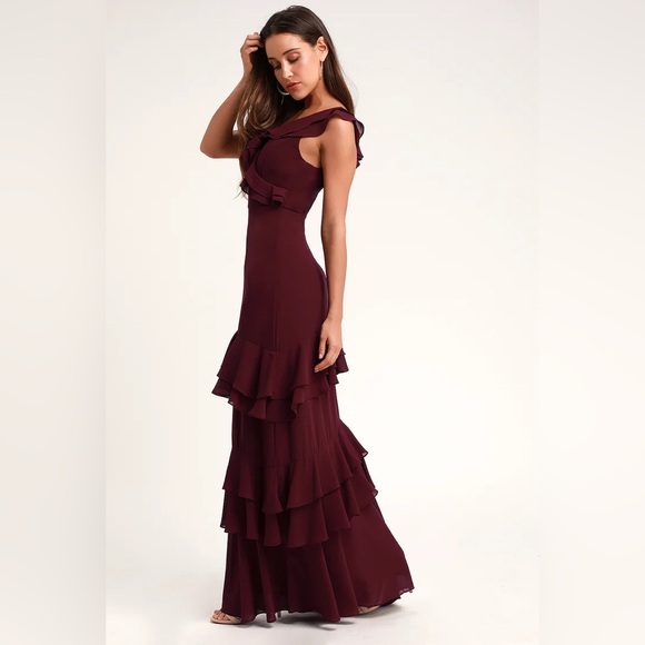 Lulu’s Majesty Burgundy Ruffled Salsa V-Neck Flutter StrapsMaxi Dress Size 1x - Picture 3 of 12